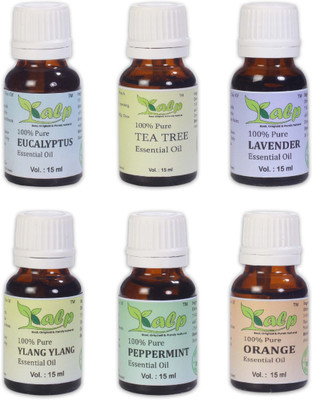 

Kalp Pack of 6 essential oils-15ml Each / Eucalyptus Oil, Ylang Ylang Oil, Tea tree Oil, Peppermint oil, Lavender Oil, Orange Oil(90 ml)