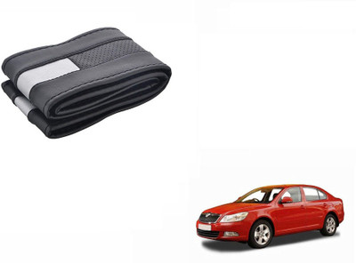 CARIZO Hand Stiched Steering Cover For Skoda Laura(Black, Silver, Leatherite)