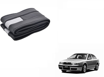 CARIZO Hand Stiched Steering Cover For Skoda Octavia(Black, Silver, Leatherite)