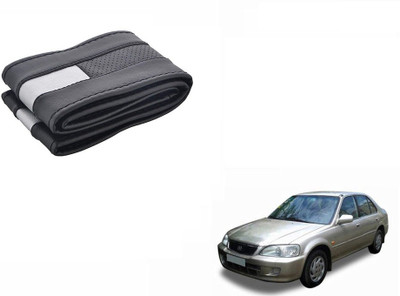 CARIZO Hand Stiched Steering Cover For Honda City(Black, Silver, Leatherite)