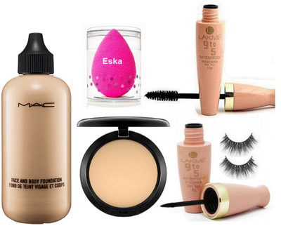 

eska Sponge Puff , Mac Face And Body Foundation, Compact & Lakme 9 to 5 Waterproof Eyeliner, Mascara, Eyelashes(Set of 6)