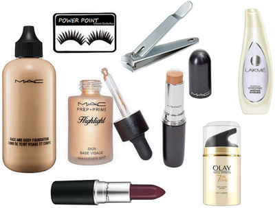 

POWER POINT Eyelashes, Foundation, Highlighter, Stick Concealer, Olay, Caver Lipstick, Nail Cutter , Body Lotion(Set of 8)