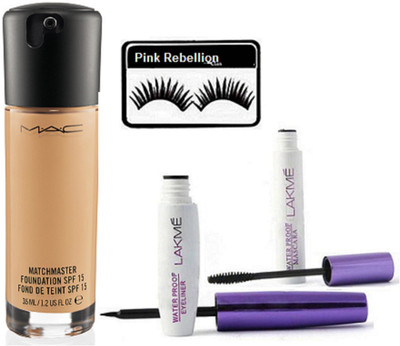 

Pink Rebellion Eyelashes & Mac Match Master Foundation & Lakme Eyeliner+Mascara(Set of 4)