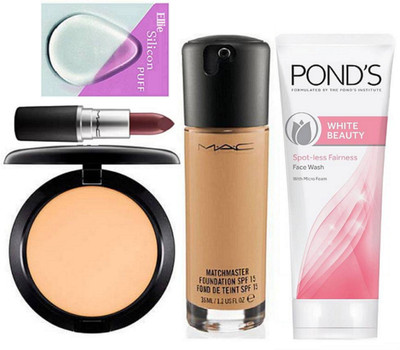 

ellie Silicon Puff & Mac Match Master Foundation & Studio Fix Compact & Matte Finish Cyber Lipstick With Ponds White Beauty Spot-less Fairness Face Wash (Set of 5)(Set of 5)