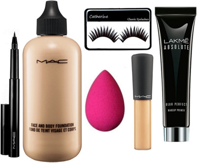 

catherine Eyelashes, Mac face and body foundation, mineralize concealer, pen eyeliner, lakme absolut primer with sponge puff(Set of 6)