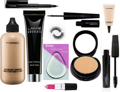

eska Silicon Puff , Mac Face & Body Foundation, Compact, Liquid Eyeliner, Candy Yum Yum Lipstick,Select Cover-up, Eyelashes, Haute and Naughty Mascara, Pen Liner & Lakme Absolute Blur Perfect Primer(Set of 10)