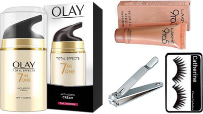 

catherine eyelashes, olay total effect 7 in one cream, lakme 9to5 weightless mousse foundation with nail cutter(Set of 4)