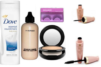 

Exclusive Eyelashes & Dove Essential Nourishment Body lotion,Mac Face & Body Foundation,Studio fix Compact,Lakme 9 to 5 Waterproof Eyeliner & Mascara(Set of 6)