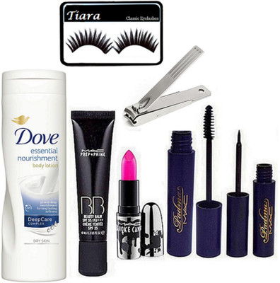 

TIARA Eyelashes , Mac Prep+Prime BB Beauty Blam Cream , Brook Candy Pink Lipstick , Dove Body Lotion (250Ml), Padma Eyeliner & Mascara , Nail cuter(Set of 7)