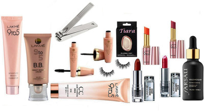 

TIARA Silicone Puff , Lakme 9to5 CC Cream , BB Cream , Weightless Mousse (29gm) , Eyeliner & Mascara , Eyelashes , Enrich Lipstick Pack Of 2 , Prime Matte Lipstick Pack Of 2, Farsali Face seum With Nail Cuter(Set of 13)
