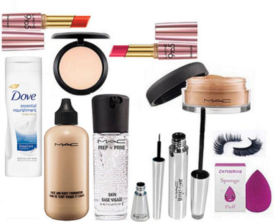 

catherine sponge puff, mac face and body foundation, prep+prime skin base visage primer, brook candy eyeliner & mascara, loose powder, compact, lakme 9to5 lipstick pack of 2, dove essential nourishment body lotion with eyelashes(Set of 11)