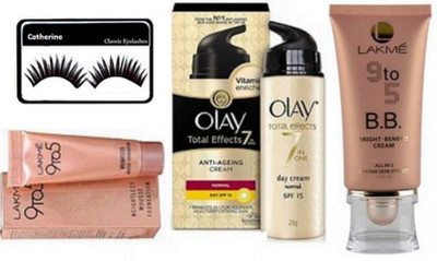

catherine eyelashes, lakme 9to5 Weightless Mousse foundation, BB Bright Benefit Cream, Olay total effect 7 in one Anti-ageing cream(Set of 4)