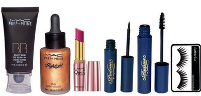 

catherine eyelashes, mac prep+prime BB Cream, highlighter, padma eyeliner & mascara, lakme 9to5 lipstick(Set of 6)