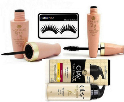 

catherine Eyelashes And olay Cream 20g, Lakme 9to5 Eyeliner And Mascara(Set of 4)