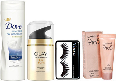 

TIARA Eyelashes , Olay Total Effect 7 in One Anti Ageing Cram , Dove Body Lotion , Weight Less(Set of 4)