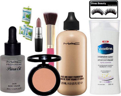 

divas beauty eyelashes, Mac face and body foundation, prep+prime primer oil, star trik blusher, finish matte lipstick, vesline intensive care lotion with makep brush, magic napkin pack of 4(Set of 11)