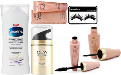 

marvalous eyelashes , vaseline intensive care lightly scenced bdy lotion , olay total effects anti ageing cream , lakme eyeliner & mascara , weightless mousse foundation(Set of 5)