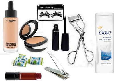 

divas beauty Eyelashes, Mac Studio Water weight Foundation, Studio Fix Compact, Liquid Eyeliner & Magic Napkin 2 & Eyelashes Curler & Nail Cutter & Body Lotion & Lipstick(Set of 10)