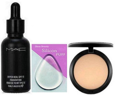 

divas beauty Silicon Puff, Mac Hyper Real SPF 15 Foundation, Compact(Set of 3)