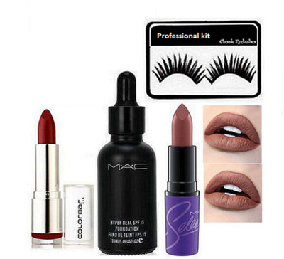 

professional kit Eyelashes, Mac Hyper Real Foundation , Colorbar Lipstick & Selena Lipstick(Set of 4)