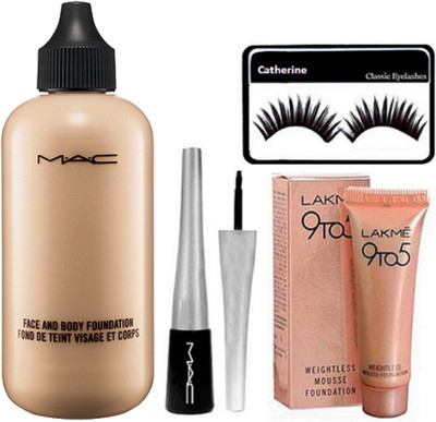 

catherine eyelashes with mac face and body foundation, liquid eyeliner, lakme 9to5 mousse foundation(Set of 4)