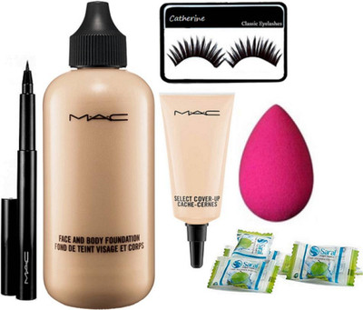 

catherine Eyelashes, Mac face and body foundation, select coverup concealer, pen eyeliner with sponge puff, magic napkin pack of 4(Set of 9)