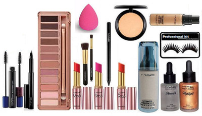 

Professional kit Eyelashes, Mac Pen liner Haute & Naughty Mascara,Makeup Brush(Pack Of 2),Matchmaster Foundation,Compact,Pro Longwear Concealer,Prep+Prime Face Primer,Highlight,Pencil Kajal,Urban Decay Naked,Lakme 9 to 5 Lipstick(Pack Of 3),Sponge Puff(Se