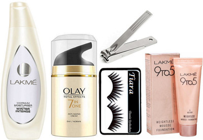 

TIARA Eyelashes , Olay Total Effect 7 in One Anti Ageing Cram , Lakme Body Lotion (120ML) , nail cuter . Weight less Mousse 6 gm(Set of 5)
