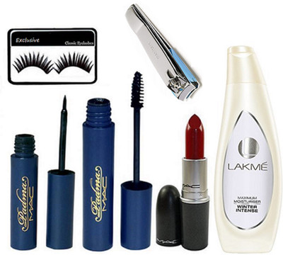 

exclusive Eyelashes, Mac Padma Eyeliner+Mascara, Matte Finish Lipstick & Lakme Winter Intense Body Lotion & Nail Cutter(Set of 6)
