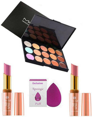 

Exclusive Sponge Puff With Mac 15 Shade Concealer Palette&Lakme 9to5 Lipstick 2 Different Shade(Set of 4)