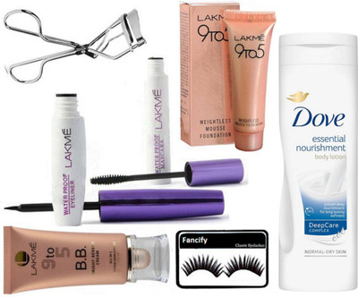 

Fancify eyelashes , dove essential nourishment body lotion , lakme weightless mousse foundation , waterproof eyeliner & mascara , 9 to 5 bright benefit BB cream with eyelash curler(Set of 7)