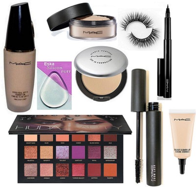 eska Silicon Puff With Hyper Mac Real Foundation SPF 15, Studio Perfect Compact,Zoom Lass Mascara,Loose Powder, pen Liner, Select Cover-up & Huda Beauty Desert Dusk Eyeshadow Palette(Set of 9)