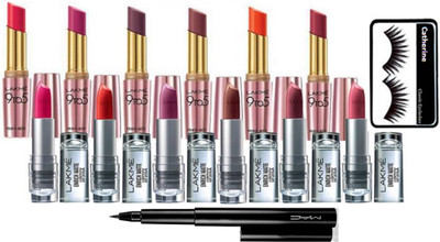 

catherine eyelashes with lakme 9to5 and enrich lipstick pack of 12 with pen eyeliner(Set of 14)