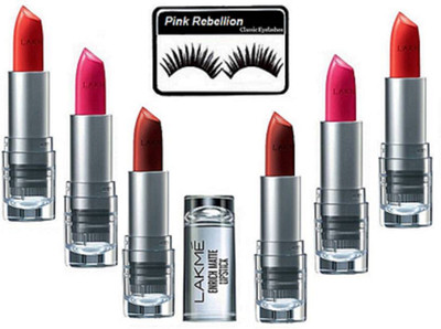 

Pink Rebellion Eyelashes & Lakme Enrich Maroon,Pink,Red Lipstick(Set of 7)