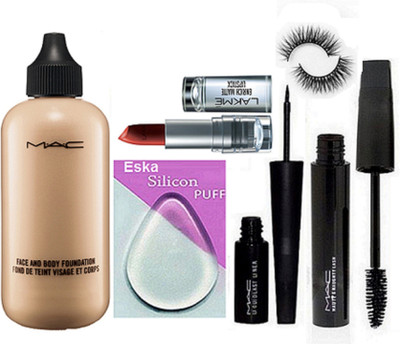 

eska Silicon Puff, Face And Body Foundation Mac, Liquid Eyeliner, Select CoverUp & Lakme Enrich Matte Lipstick & Eyelashes(Set of 6)