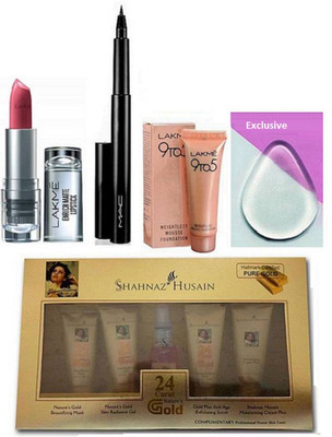 

Exclusive silicon Puff, Mac Pen Eyeliner,9 TO 5 Mousse Foundation,Enrich Lipstick With Shahnaz Husain Gold Facial Kit(Set of 5)