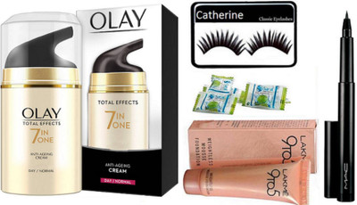 

catherine eyelashes, olay total effect 7 in one cream, lakme 9to5 mousse foundation, mac pen eyeliner, magic napkin pack of 4(Set of 8)