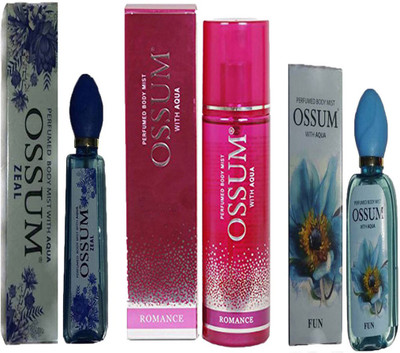 

OSSUM ZEAL PERFUMED BODY MIST 115ML+ ROMANCE PERFUMED BODY MIST 190ML+ FUN PERFUMED BODY MIST 115ML Deodorant Spray - For Men & Women(115 ml, Pack of 3)