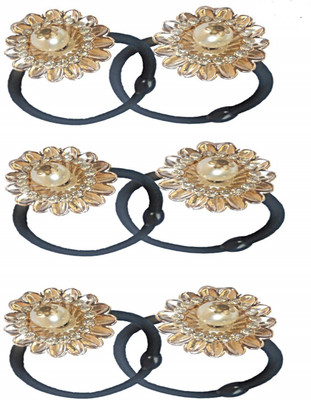 

Rk Women Designer Party Wear Flower Shape Crystal Rhinestone Pearl Hair Rubber Band Rope Elastic Ponytail Holder Accessories (6 Pcs.) Hair Band(Gold)