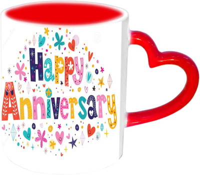 

Raj Laxmi Happy Anniversary With Colorful Fonts Red Heart Handle Ceramic Mug(350 ml)