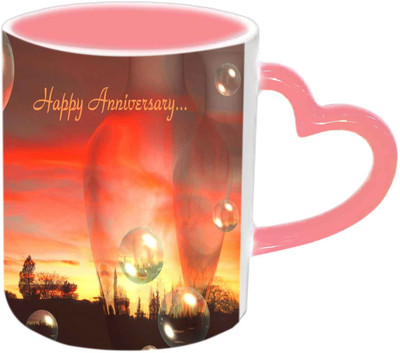 Raj Laxmi Happy Anniversary With Bubbles Design Pink Handle Ceramic Mug(350 ml)