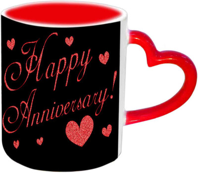 Raj Laxmi Simple N Sweet Design Happy Anniversary Red Heart Handle Ceramic Mug(350 ml)