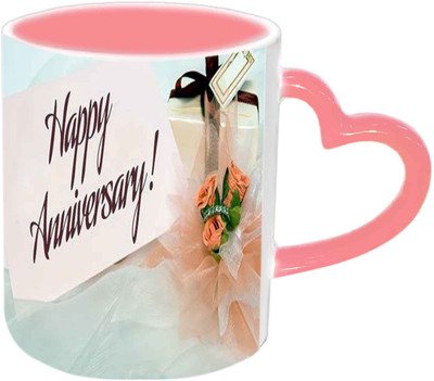 Raj Laxmi Wonderful Design Anniversary Wishes Pink Handle Ceramic Mug(350 ml)
