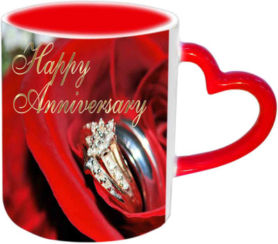 

Raj Laxmi Anniversary Wishes With Lovely Ring Design Red Heart Handle Ceramic Mug(350 ml)