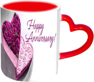 

Raj Laxmi Happy Anniversary With Purple Roses Red Heart Handle Ceramic Mug(350 ml)