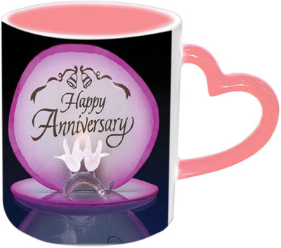 

Raj Laxmi Anniversary Wishes With Love Birds Pink Handle Ceramic Mug(350 ml)