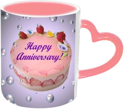 

Raj Laxmi Happy Anniversary With Yummy Cake Pink Handle Ceramic Mug(350 ml)