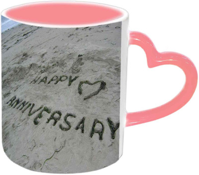 

Raj Laxmi Happy Anniversary With Beech Background Pink Handle Ceramic Mug(350 ml)