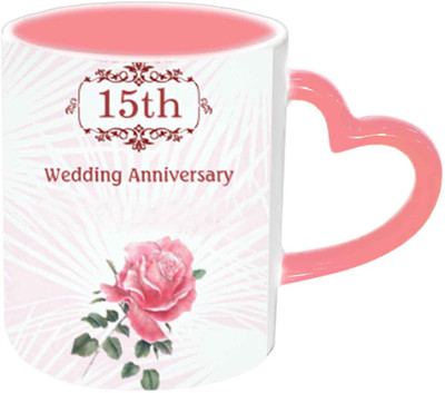 

Raj Laxmi Happy 15th Wedding Anniversary Pink Handle Ceramic Mug(350 ml)