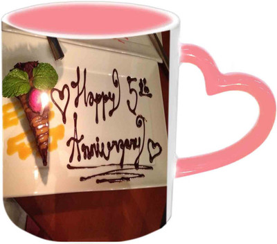 

Raj Laxmi Happy 5th Wedding Anniversary Pink Handle Ceramic Mug(350 ml)
